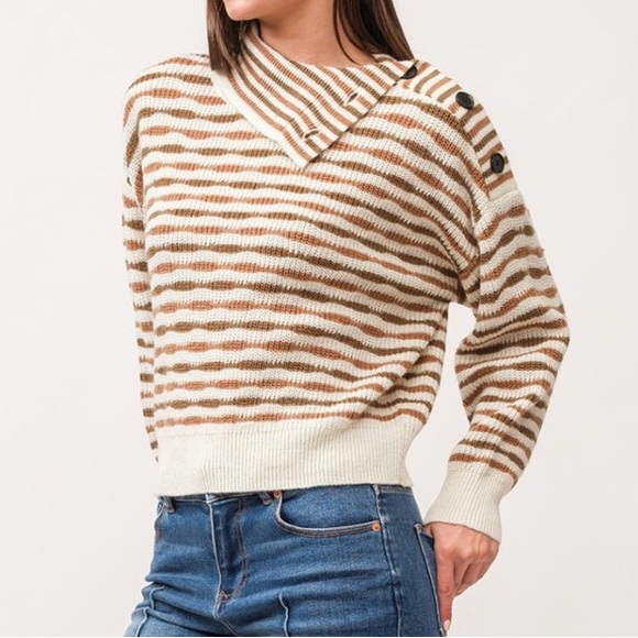 Dear John Brown Tan and Cream Striped Turtleneck Sweater - Size Large - Picture 1 of 6